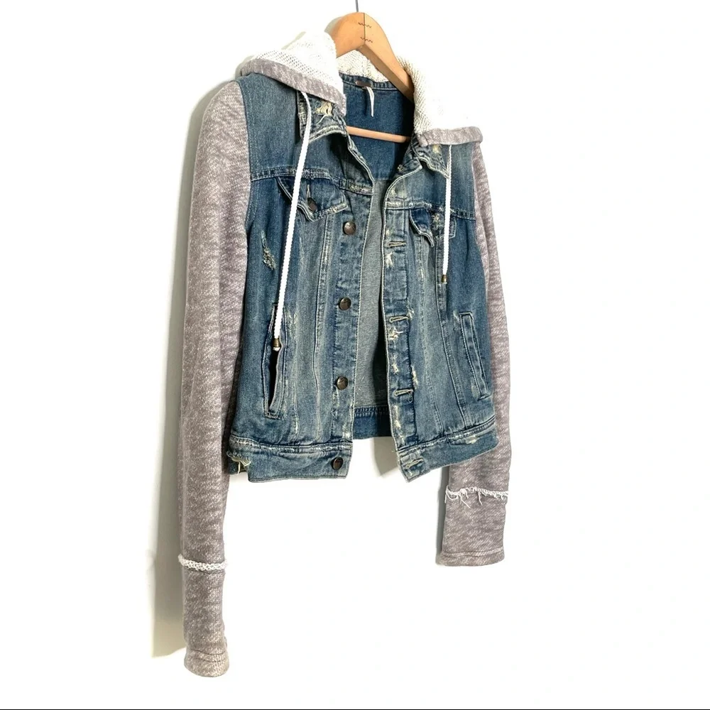 Free People | Mixed Media Distressed Hooded Jean Jacket - Picture 3 of 11